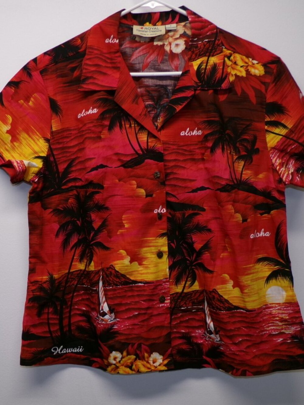 Royal Hawaiian Creations Aloha Palm Tree Sunset Red Made Hawaii Shirt Women's L